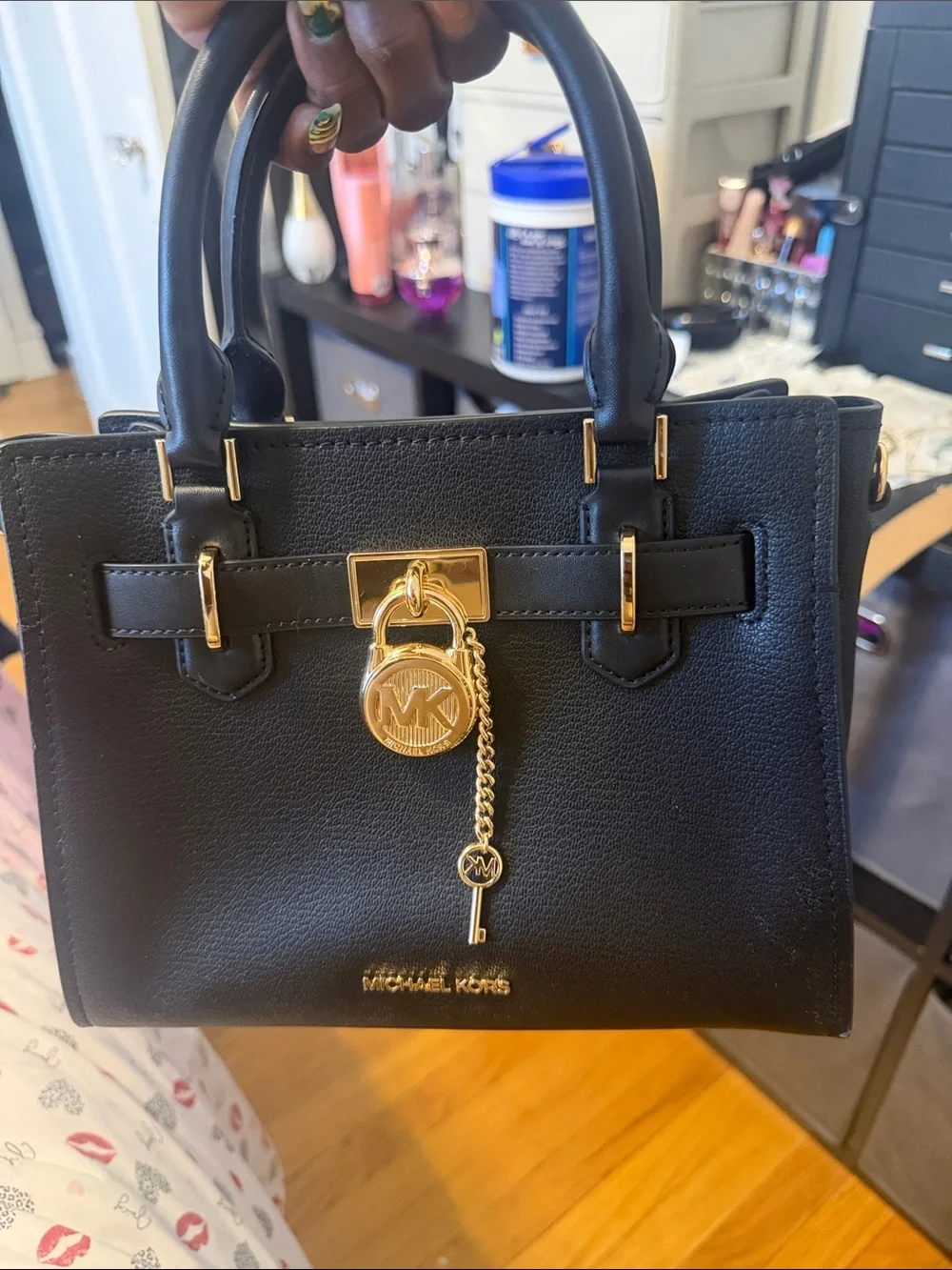 Michael Kors Black Leather Satchel with Gold Charm